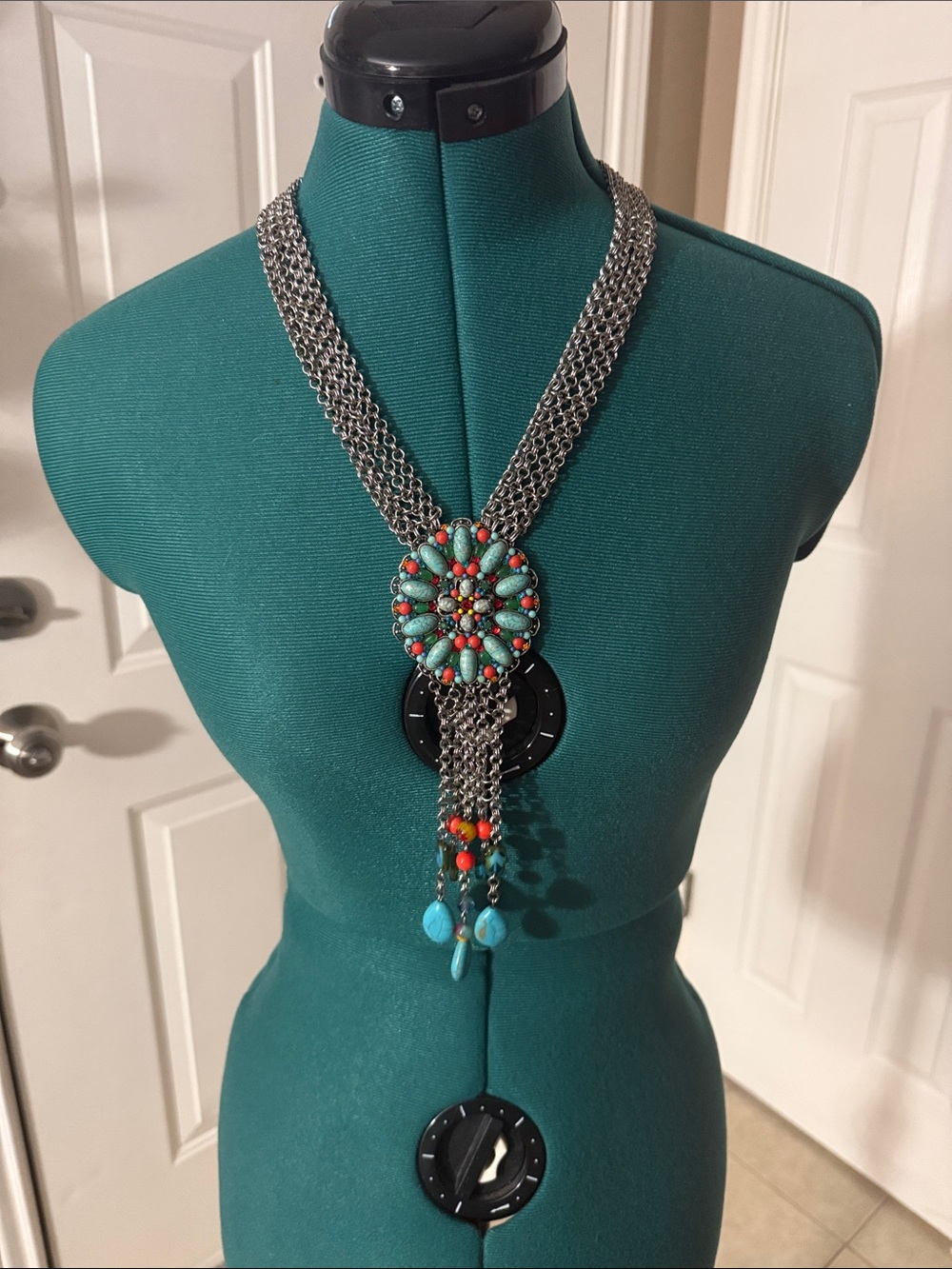 Turquoise and colorful beaded silver necklace and earring set